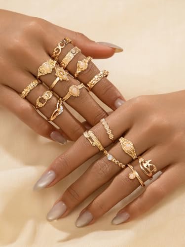 15 PCS Vintage Gold Rings Set, Fashionable Stackable Finger Rings for Women, Elegant Band Ideal for Engagement, Anniversary, or Special Celebrations, Trendy Jewelry Collection (Gold)