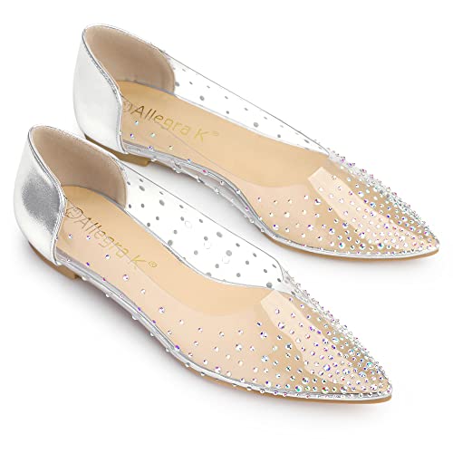 Allegra K Women's Pointed Toe Clear Rhinestone Ballet Flats