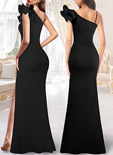VFSHOW Womens Ruffle One Shoulder Strap Ruched Formal Prom Wedding Maxi Dress V Neck Elegant Split Cocktail Evening Long Gown2