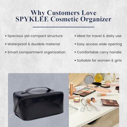 Image of Large Capacity Travel Cosmetic Bag with Handle and Inner Divider | Premium PU Leather Makeup Storage Case | Waterproof Portable Wide Opening Toiletry & Vanity Pouch for Women & Girls (Black)