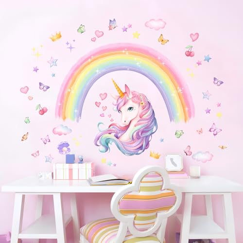 Stickers Muraux Licorne Arc-en-ciel Autocollant Mural Aquarelle étoiles Arc-en-ciel Decoration Chambre Bebe Fille Le Salon Pépinière Mur