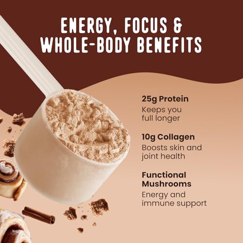 Image of FlavCity All in One Protein Shake Powder, Cinnamon Roll - On the Go Meal Alternative + Collagen Peptides, Reishi & Cordyceps - Focus, Skin, Hair & Joint Support - 100% Grass Fed Whey, 20 Servings