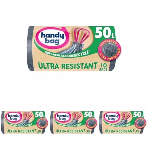 Handy Bag Sacs poubelle à poignées coulissantes Ultra Résistant & Fond anti-fuite, 100% plastique recyclé, 1 rouleau de 10 sacs poubelle 50L (Lot de 4)