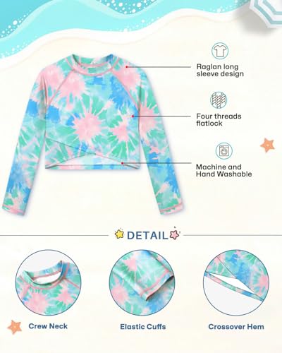 Image of BesserBay Girls Rash Guard UPF 50+ Long Sleeve Mock Neck Crossover Hem Swim Crop Top 4-14 Years