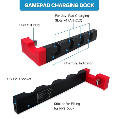 GRABOTE Replacement for Joycon Charging Dock Station, for Nintendo Switch & OLED - Charges Up To 4 Controllers, Compatible for Switch/OLED Model -Black and Red