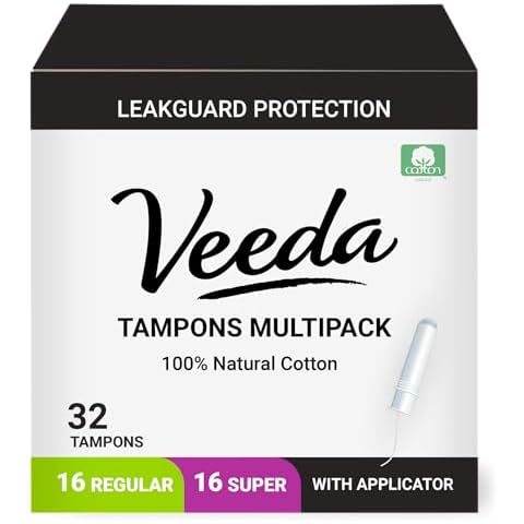 Veeda 100% Natural Cotton Compact Regular and Super Tampons - Compact BPA-Free Applicator - Unscented, Chlorine & Toxin Free - 16 Count Regular & 16 Count Super Cover
