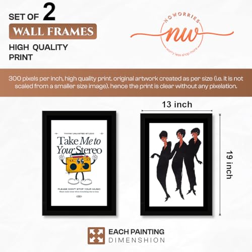 Image of NoWorries Retro Music and Fashion Disco Art Wall Painting | Vintage Stereo Quote & Dancing Silhouette Posters Frames | Premium 300 GSM Paper Print with Synthetic Wooden Frame | Modern Aesthetic Wall Decor for Living Room, Bedroom, Music Room & Office (Set of 2) (BLACK, ART-6, 13X19INCHES)