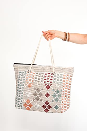 Large summer Beach Tote Bag Boho Zipper Closure Bohemian, Rope Handles Shoulder Loomed Beach Bag for Women Gym Yoga - Image 3