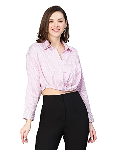 Image of oxolloxo Women Stripe Print Open Collared Cotton Crop Shirt