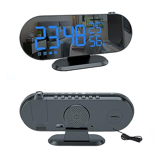 Reloj despertador de proyección con radio FM, reloj digital con puerto de carga USB, función de repetición, pantalla LED de espejo y brillo ajustable para dormitorios