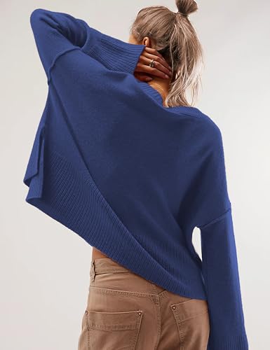 Image of Womens Lightweight Sweaters Crewneck Bell-Style Sleeve Batwing Knit Tops Slouchy Soft Pullover Jumpers(Navy-S)