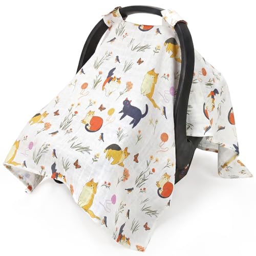Image of Metplus Car Seat Cover Baby, 100% Muslin Cotton Infant Carseat Covers for Boys and Girls, Lightweight Breathable Canopy, Summer Stroller Sun Shade, Newborn Travel Essentials(Cat)