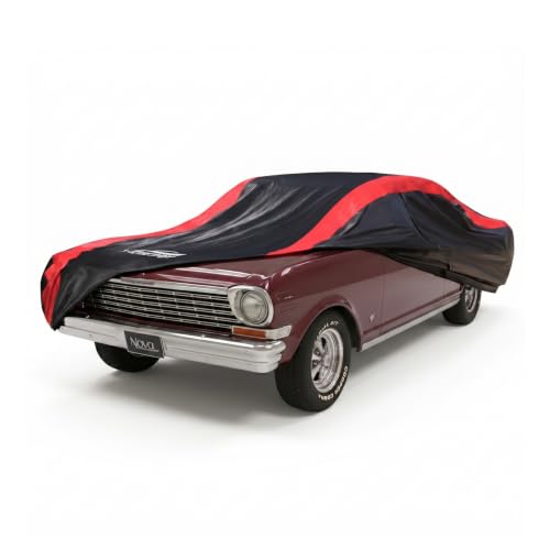 Image of Car Cover Custom Fit for Chevy Nova 1962-1972 | Red Strip Design, Cotton Liner for Paint Protection, Sun Rain Snow UV Proof, Door Zipper, Windproof Buckle, Storage Bag