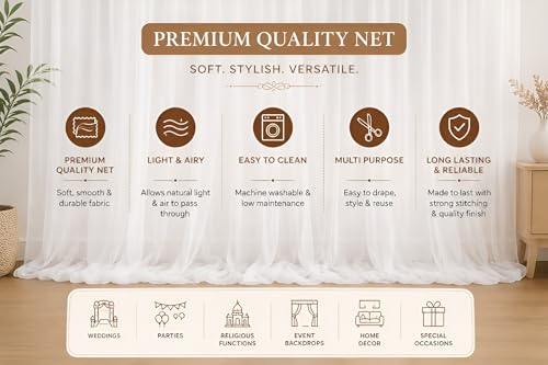 Image of 3pcs White Backdrop Decoration Net - 13x4ft Each, Nylon Made, Reusable and Soft Fabric, Ganpati Decoration Setup for Home, Cabana Tent Decorations for Birthday, Wedding Net