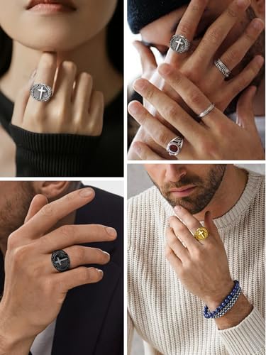 Cross Ring for Men Stainless Steel Celtic Knot Ring, 18K Gold/Black Metal, Retro Religious Chrisitan Cross Ring Norse Viking Battle Axe Cross Ring, Size 7-13, with Gift Box2