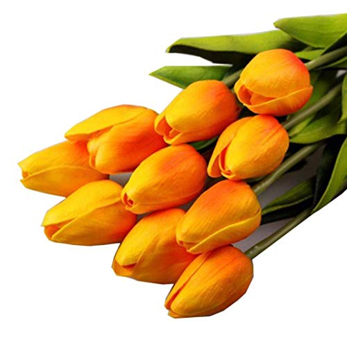 Sunshine D 10 Piezas Tulipanes Artificiales, Flores Artificiales de PU Tacto Verdadero Decoración Plásticas Tulipanes Realista Boda Casa Oficina Fiestas Ceremonias, Naranja