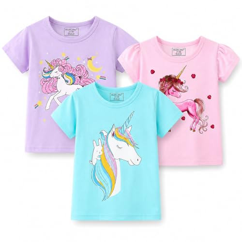 Image of Girls Graphic T Shirts 3 Pack 100% Cotton Short Sleeve Tees for Toddler Little Big Girls Cute Printed Casual Summer Tops