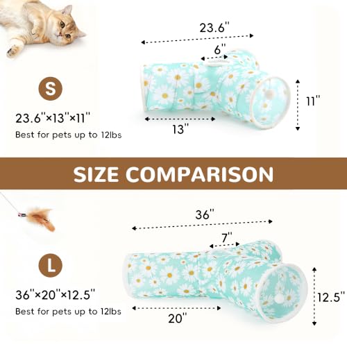 Image of Tempcore Cat Tunnel, 3-Way Collapsible Toy, Large Size Daisy Blue Printed | Large Size 3-Way Cat Tunnel Provides More Room for Cats to Run, Hide and Chase, with Peek Holes, Hanging Ball and Teaser Wand