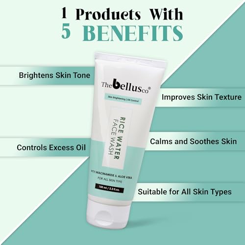 Image of THEBELLUSCO Rice Water Face Wash with Aloe Vera, Niacinamide & Vitamin E | Oil Control Face Wash | Skin Brightening & Anti-Acne Cleanser | Gentle Face Wash for All Skin Types | 100ml