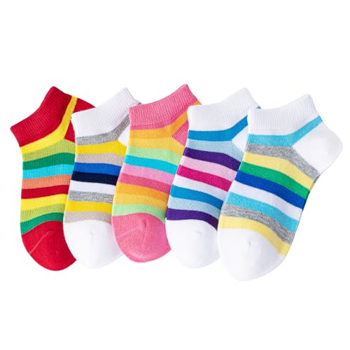 Girls No Show Seamless Socks Rainbow Cotton Stripes Socks Kids Low Cut Athletic Socks For School