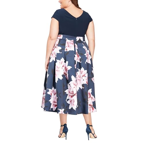 Image of S.L. Fashions Women's Plus Size Tea Length Tuck Neck Fit and Flare Dress