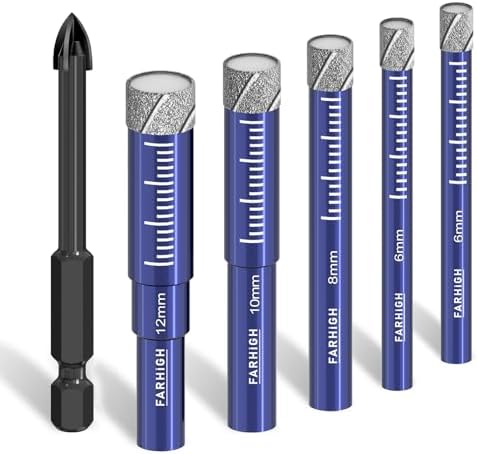 Farhigh Diamantbohrer Fliesenbohrer Glasbohrer Set 6 tlg. 6, 8, 10, 12mm & 6mm Hartmetallbohrer für Keramik, Porzellan, Fliesen, Glas, Granit, Stein, Mauerwerk, Beton, Feinsteinzeu