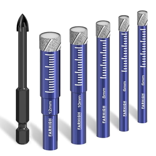 Farhigh Diamantbohrer Fliesenbohrer Glasbohrer Set 6 tlg. 6 8 10 12mm & 6mm Hartmetallbohrer für Keramik Porzellan Fliesen Glas Granit Stein Mauerwerk Beton Feinsteinzeug