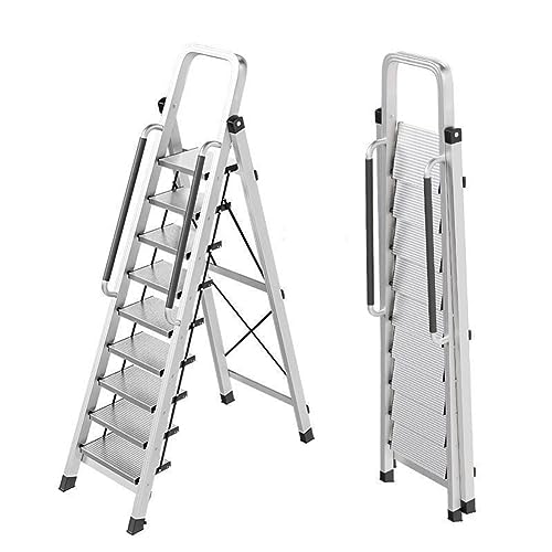 Escalera plegable de aleación de aluminio, escalera ligera portátil, pedales ampliados de 7 pulgadas, dos pasamanos laterales, para el hogar, oficina, capacidad de 330 libras, escalera de 9 escalones