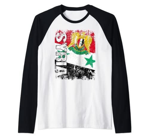 SYRIA Flag Vintage Distressed SYRIA Raglan Baseball Tee, Black