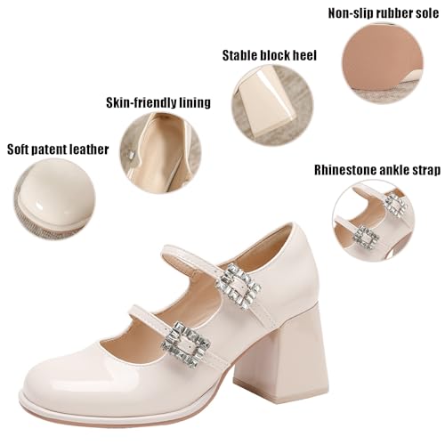 Women's Patent Leather Chunky Heel Mary Jane Shoes Comfortable Round Toe Rhinestones Double Strap Mid Block Heel Dress Pumps for Daily Office Business3
