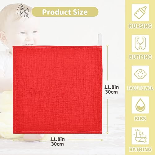 Image of YETTASBIN Red Solid Color Muslin Baby Hand Washcloths, Soft Cotton Bath Face Towel, 4 Layers Extra Absorbent Feeding Burp Cloth for Newborn Infant Sensitive Skin, 3 Pack