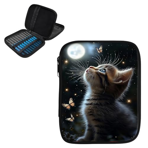 JANENFNA Large Capacity Crochet Hook Case, Double Layer Knitting Needle Organizer with Zipper Mesh Pockets & Flap, Portable Travel Storage Bag,Kitten with Butterflies