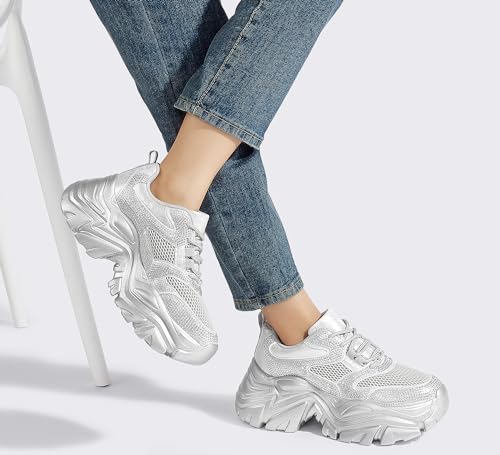 Image of K KIP WOK Chunky Sneakers for Women Fashion Platform White Leather Casual Dad Shoes Comfortable Wedge Walking Sport Sneakers | White Leather Casual Dad Shoes Comfortable Wedge Walking Sport Sneakers