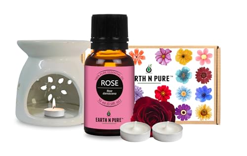 Image of Earth N Pure Ceramic Diffuser Burner with 10Ml Rose Essential Oil | 2 Tea Light Candles | Perfect for Gift Set