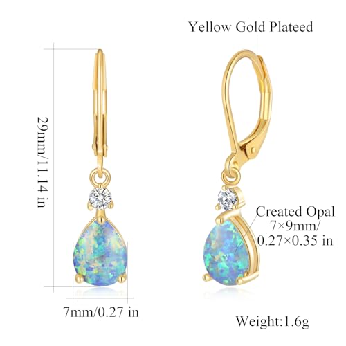 CiNily Leverback Opal Dangle Drop Earrings For Women Girls 14K Gold Plated Teardrop Earrings