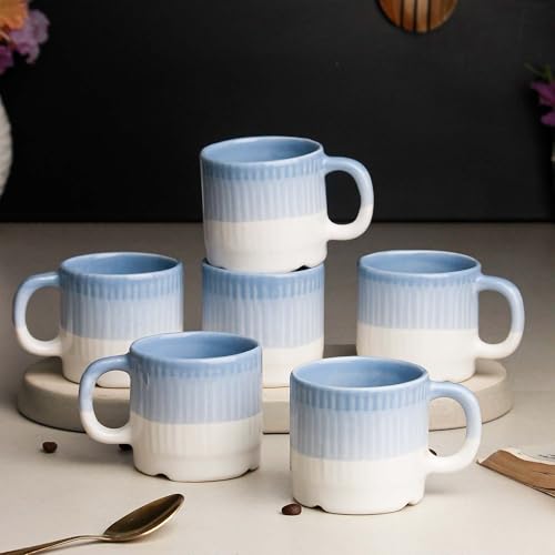 The Earth Store Tritone Sky Blue Fringe Tea Cups Set of 6 Microwave and Dishwasher Safe,...