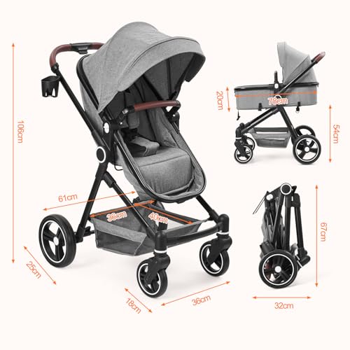 Cochecito 2 en 1, compacto y ligero, plegable, con asiento reclinable, capazo ajustable, para todo tipo de terrenos, 0-3 años (Gris) - imagen 8