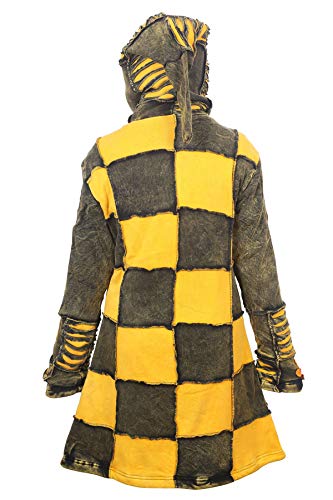 Women's Zip Up Hooded Jacket Yellow Floral Embroidery Boho Patchwork Razor Cut Stone Wash Hippy Long Coat2