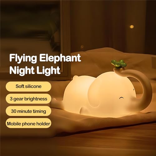 Image of S NMT Cute Elephant Silicone Night Light LED Novelty Lamp 3 Level Dimmable Nursery Nightlight USB Rechargeable Timing Sleeping Lamp for Baby Kids Decor