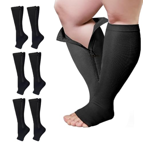 Image of 3 Packs Plus Size Compression Socks with Zipper, Knee High 15-20 mmHg for Women Men, Open Toe Support Socks for Veins