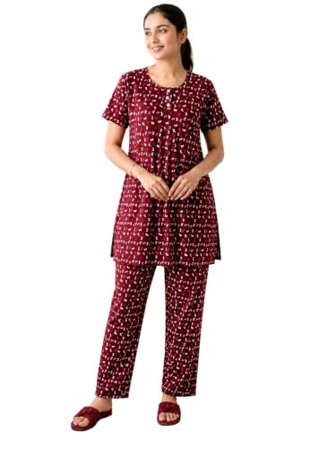 Image of KIAWAH Women Printed Night Suit Set, Cotton Blend Night Suit, A-Line Top and Pajama Set, Soft and Breathable Night Wear