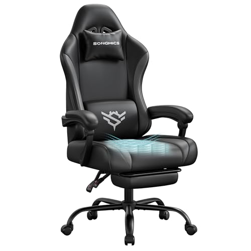 SONGMICS Gaming Stuhl Ergonomischer Bürostuhl aus PU-Leder mit Fußstütze und Lendenkissen 135 Neigung belastbar bis 150 KG Schwarz Cathy Kollektion OBG091BH01