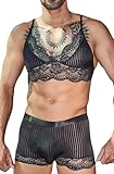 Adigau Männer Schwarz Bikini Crossdressing Dessous-Set Spitzen-BH Unterwäsche Set 2-Teilig Transparent Spaghettiträgern Sexy Lingerie Pantys