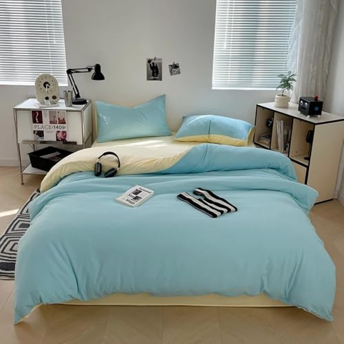 OKJK Juegos de Fundas de edredón, Tela de algodón Seersucker Ropa de Cama de 4 Piezas, con Cremallera, Funda de edredón de Dos Colores, sábana y Fundas de Almohada (Sky Blue,150x200cm)