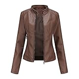 Women's slim fit leather Faux jacket,Women's Slim Stand-Up Solid Collar Color leather Faux jacket,Motorcycle Jacket