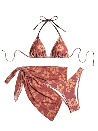 Milumia Women's 3 Piece Swimsuits Floral Print Halter Bikini Set with Cover Ups