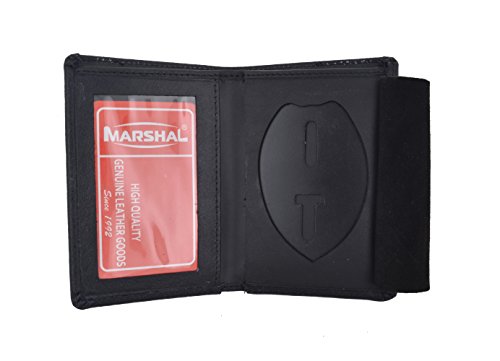 Marshal RFID Genuine Leather Black Slim Thin Bifold ID Money Wallet Oval Shape Badge Holder