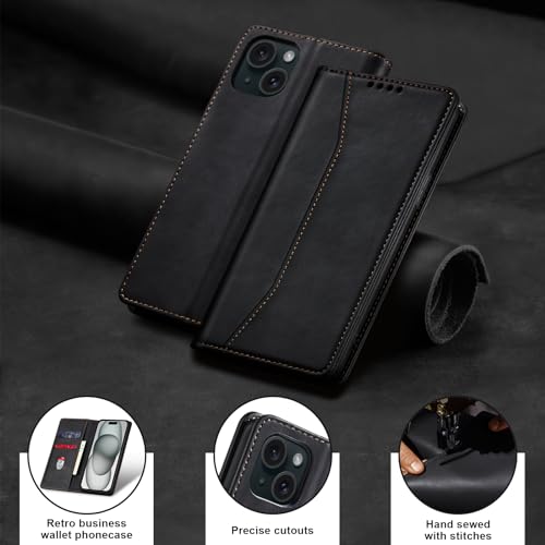 Image of Jasonyu Flip Wallet Case for iPhone 15 Plus,Black