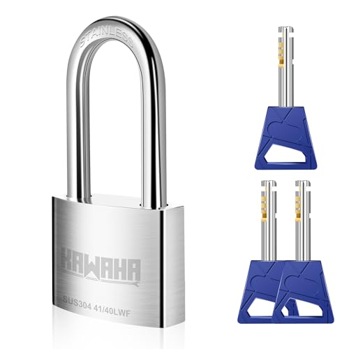 KAWAHA 41/40LKD-3K 1-9/16 inch (40mm) Long Shackle High Security Stainless Steel Padlock with Key for Both Indoor and Outdoor use (SUS304 Stainless Steel, Heavy Duty, Anti-Rust) (40mm, L - 3 Keys)