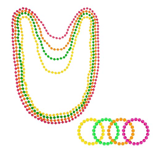 JEKUGOT 80s Fancy Dress Beads Mardi Gras Necklace Bracelets, Colorful for Women Neon Necklace Bracelets, Pack Includes Pink, Yellow, Green and Orange Beads, Fancy Dress Jewellery, for Festivals, Raves